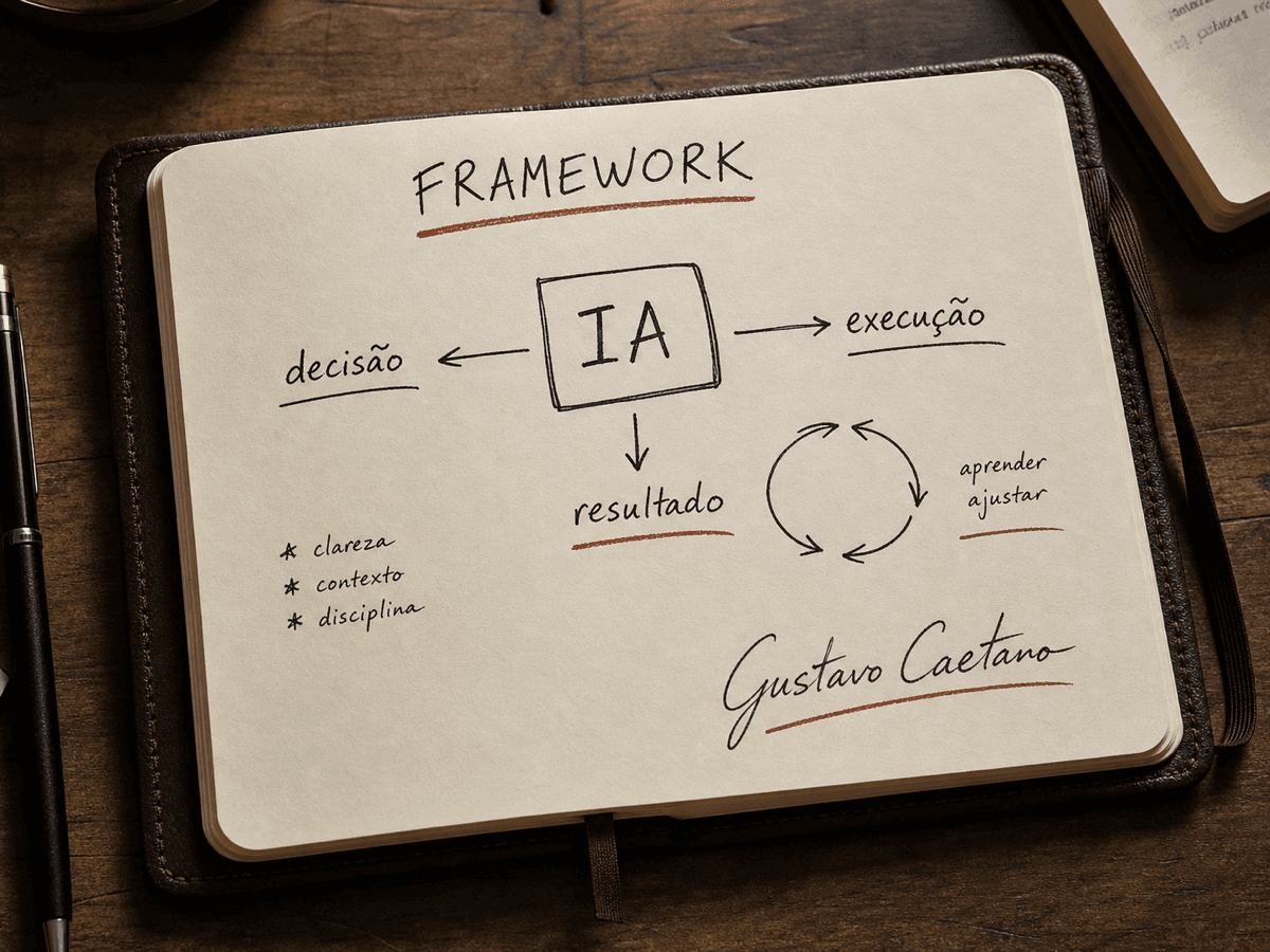 Ilustração em caderno Moleskine gerada via GPT Image para Gustavo Caetano com os livros Pense Simples e Faça Simples ao centro