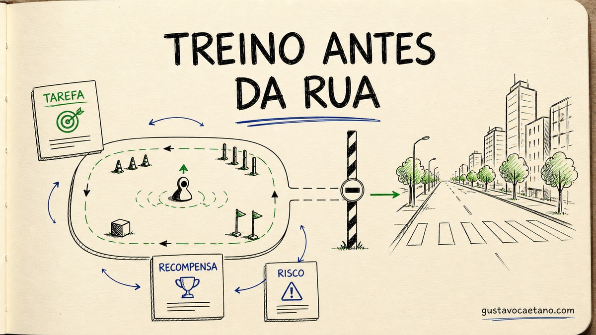 Caderno aberto com uma pista de treinamento, um agente de IA e três cartões marcados tarefa, recompensa e risco