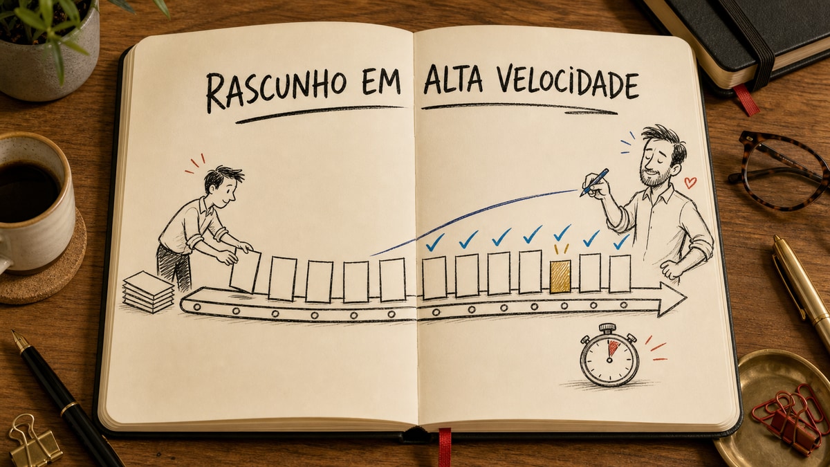 Caderno aberto com um assistente preparando cartões que um revisor confere para explicar decodificação especulativa