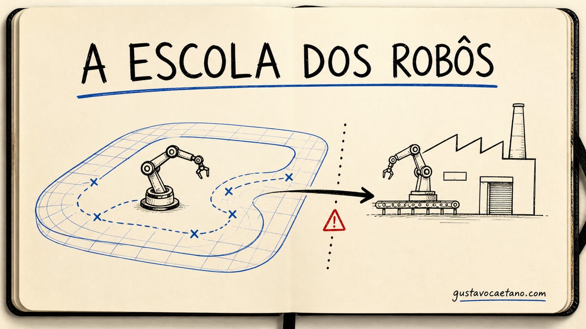 Capa estilo caderno Moleskine com um pequeno robô aprendendo dentro de uma pista simulada antes de entrar numa fábrica