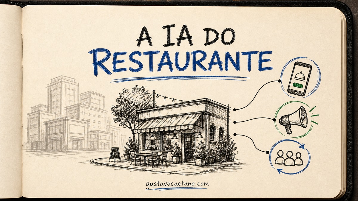 Capa estilo caderno Moleskine com um restaurante independente ligado a pedidos, marketing e clientes recorrentes