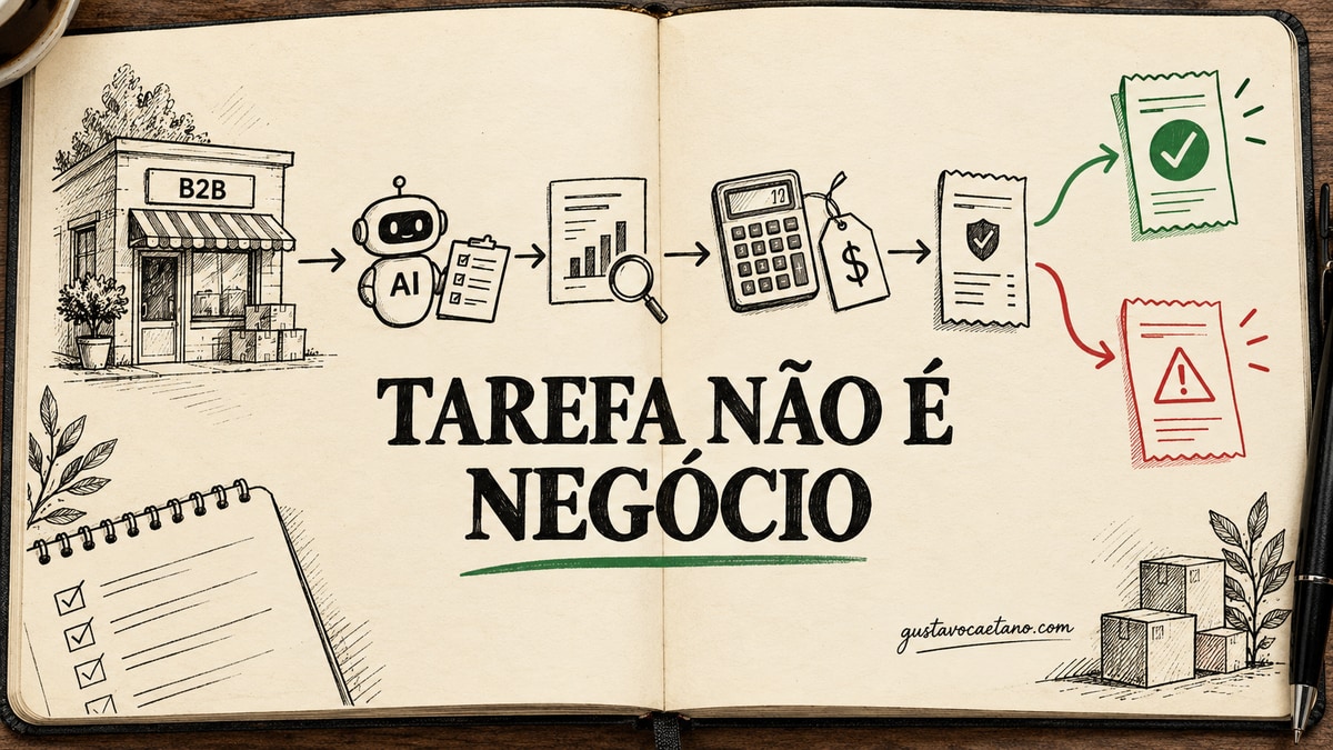 Caderno Founder Notebook com uma loja, uma calculadora, um recibo e o título Tarefa não é negócio