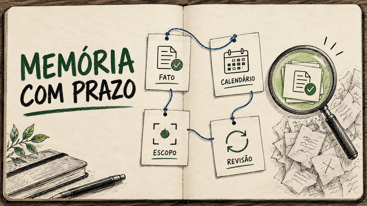Caderno quente aberto com fichas de memória datadas, lupa e fio azul conectando uma decisão ao seu recibo, com o título Memória com prazo
