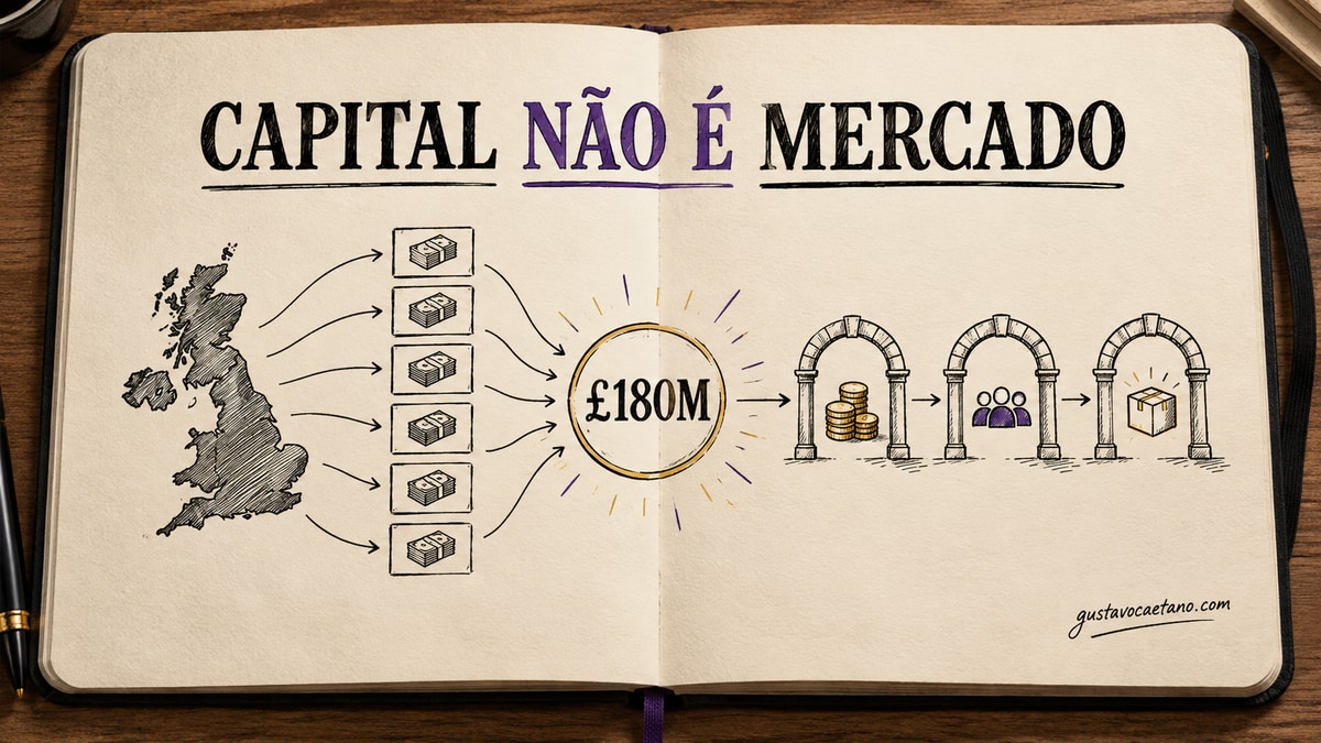 Capa Founder Notebook com mapa do Reino Unido, seis caixas de fundos, três comprovantes e o título Capital não é mercado